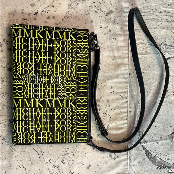 Michael Kors Adele Newsprint Black and Neon Green Logo Leather Crossbody Bag